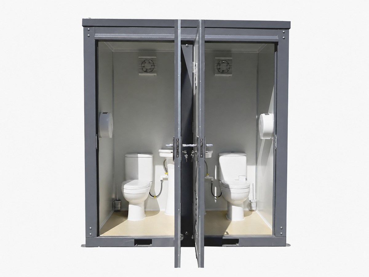 Mobile Double Toilets — open-front view showing both toilet cubicles