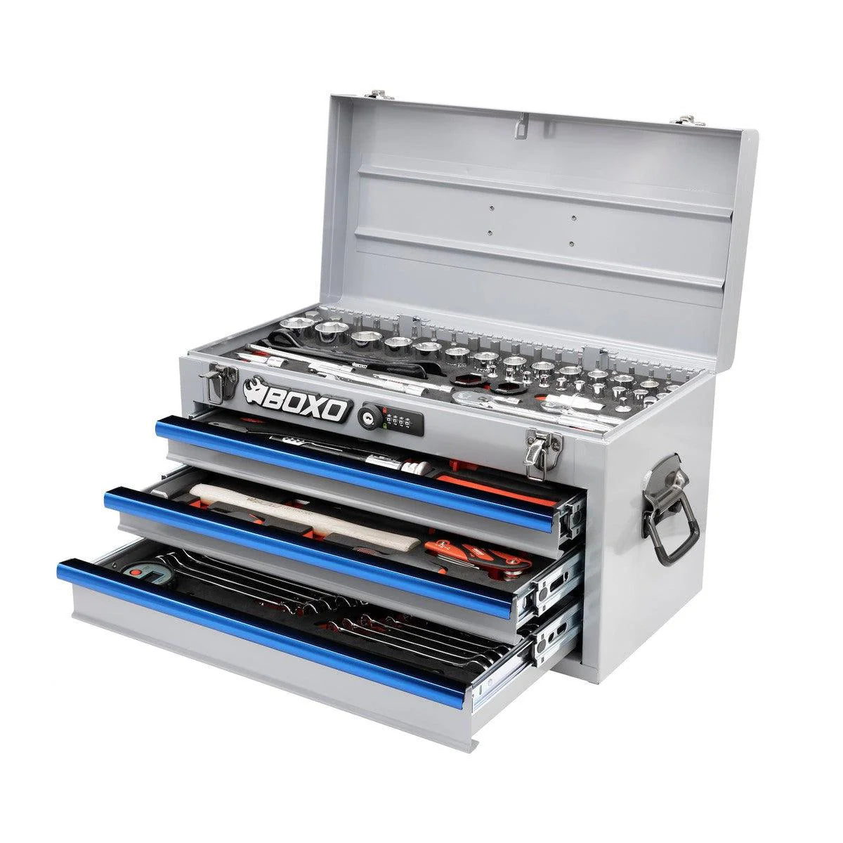 MotoBox | 103-Piece Metric Motorcycle 3-Drawer Hand Carry Tool Box - Black, Blue