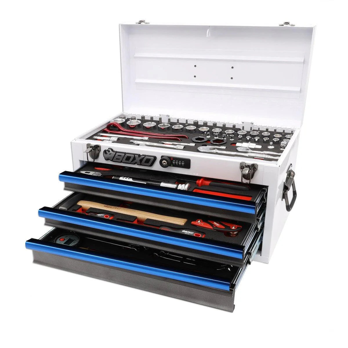 MotoBox | 103-Piece Metric Motorcycle 3-Drawer Hand Carry Tool Box - Black, Blue